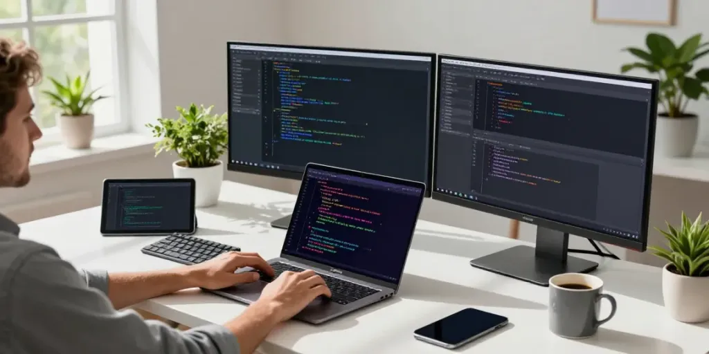 Developer coding on laptop at tech workspace, showcasing Notepad++ features on dual monitors at https://notepad-app.co/