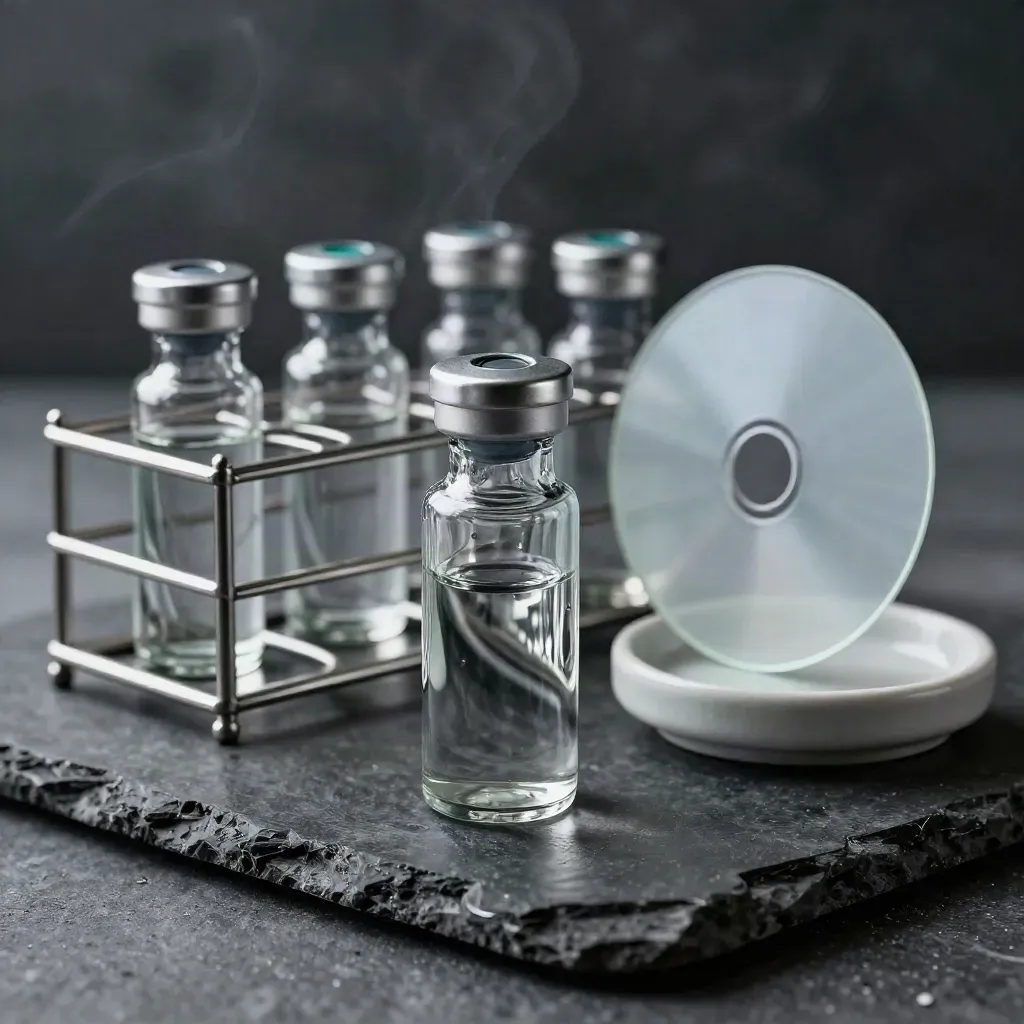 Lab vials in a stainless rack beside a frosted disc on dark stone, lit by cool rim light.