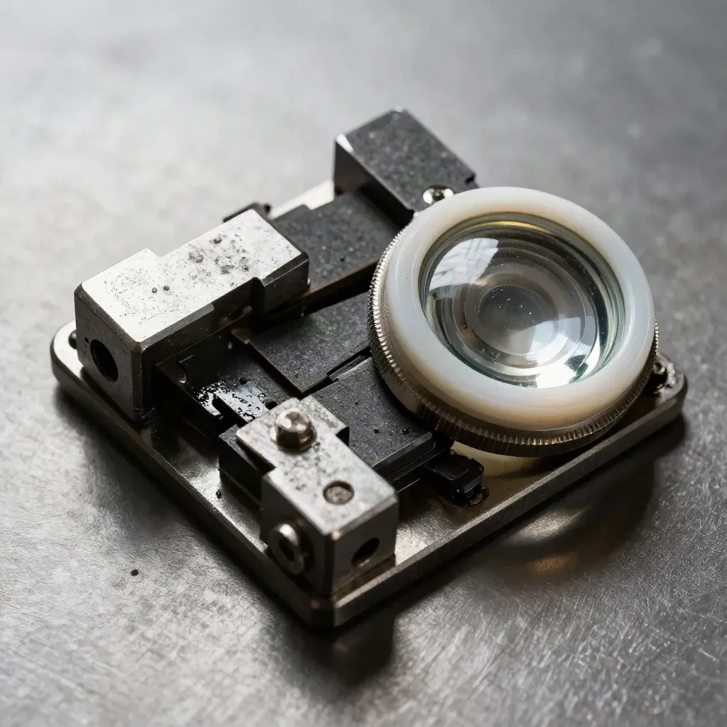 Rail fastening parts and a weathered signal lens on brushed metal, shot as a macro flatlay.