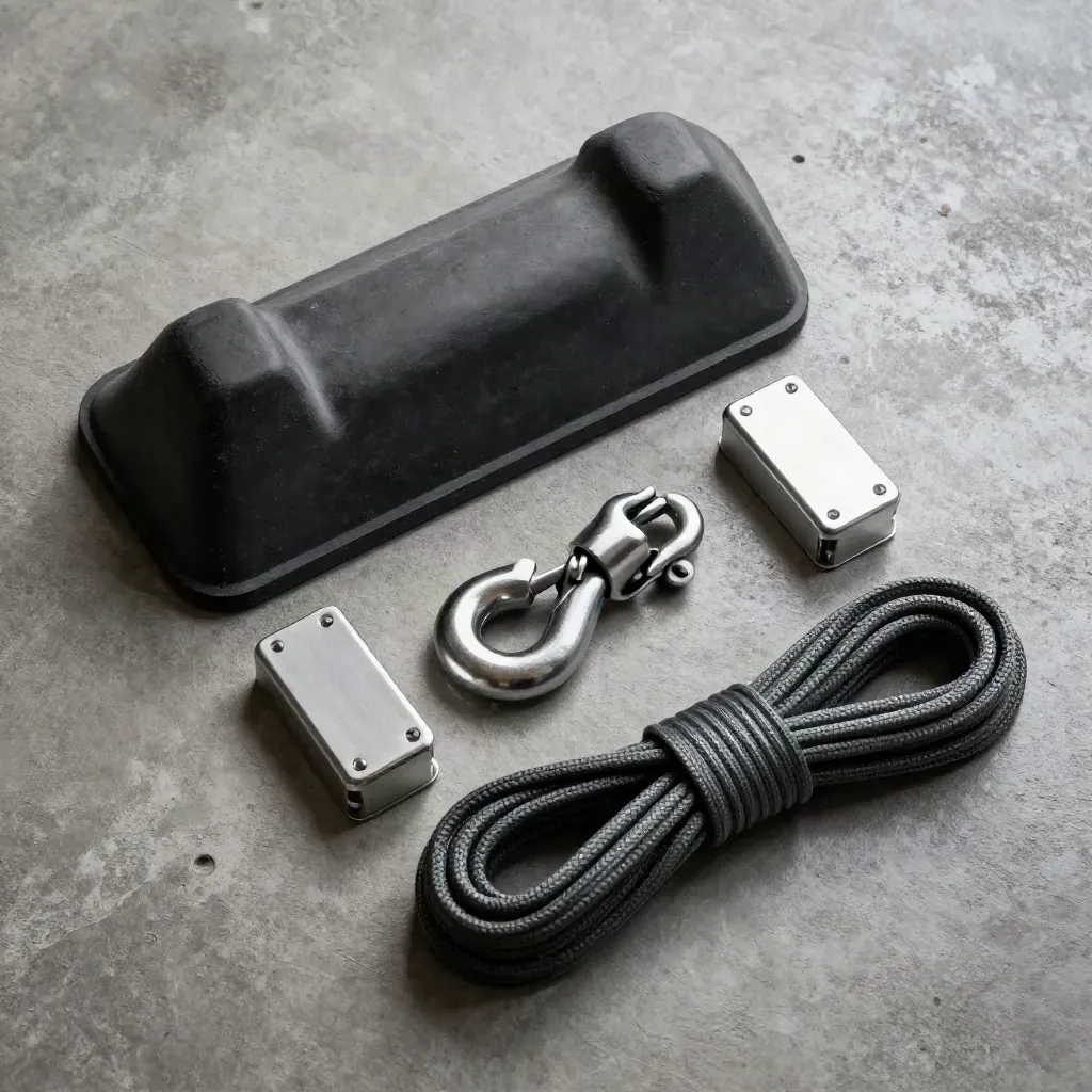 Top-down marine cargo hardware on pale concrete: bumper, hook, corner protectors, coiled line.