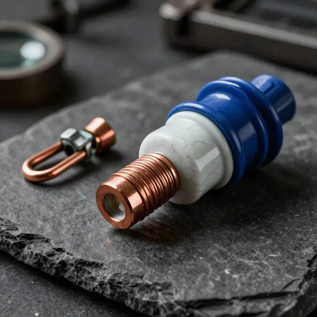 Close-up still life of porcelain insulator, copper lug, sleeve, and fuse body on charcoal stone.