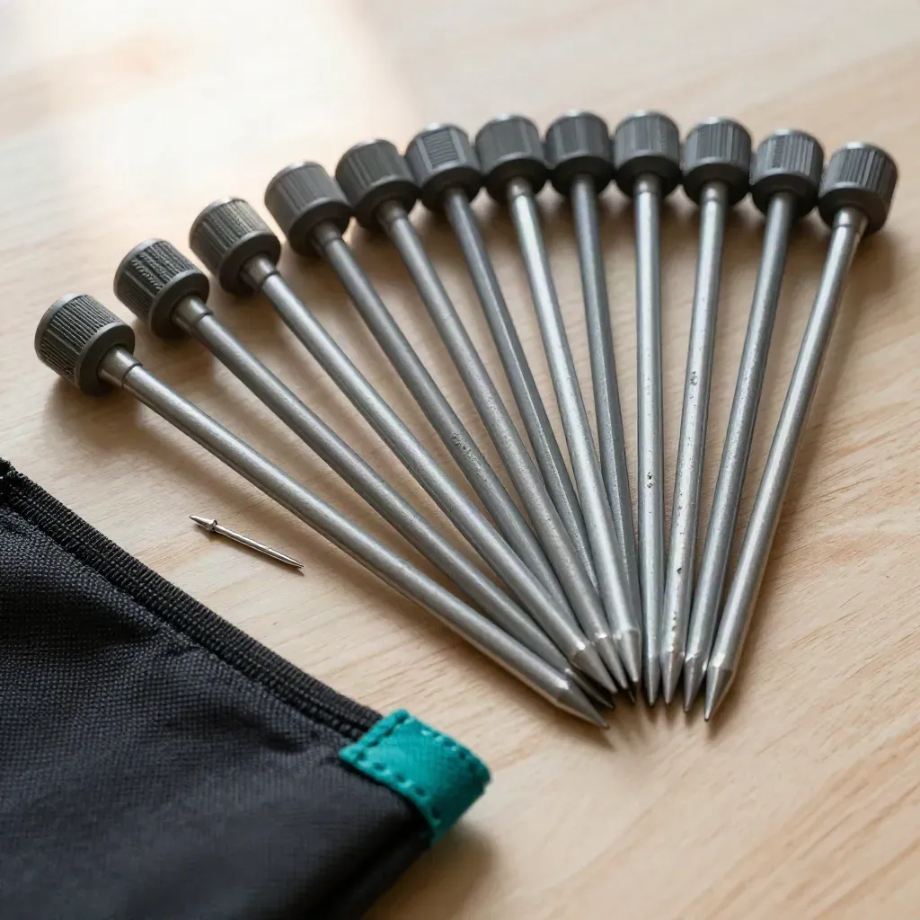 Survey marker caps, site stakes, control pins, and a nylon pouch on pale wood, overhead.