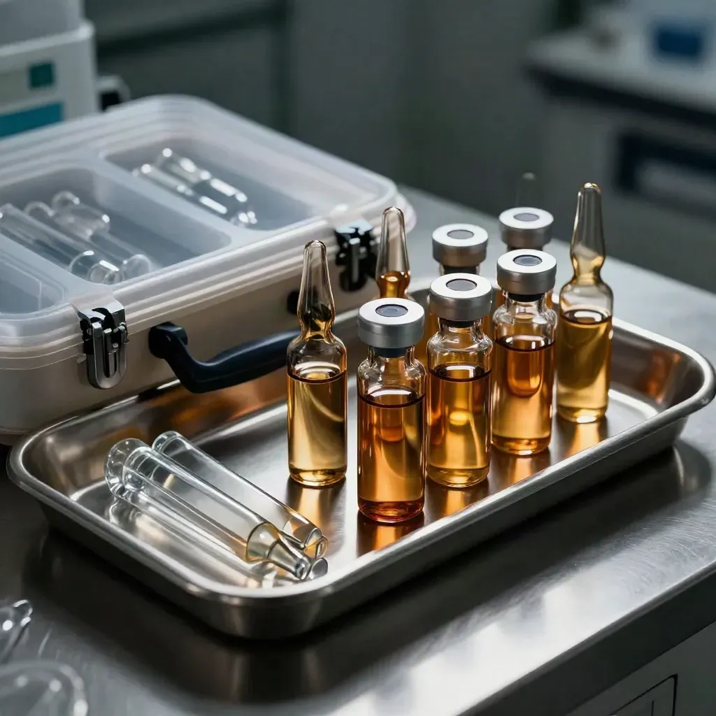 Amber lab vials and ampoule sleeves packed in a sealed metal transport case.