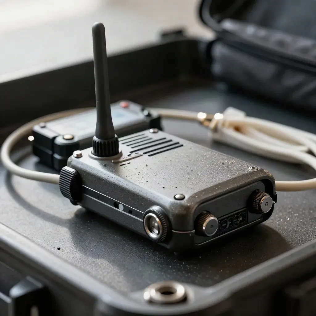 Macro still life of GNSS receiver parts on a graphite tray with a coiled cable and battery module.