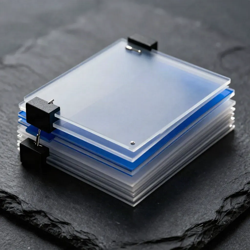 Translucent acetate GIS layers, black paperweights, and steel clips on dark slate.