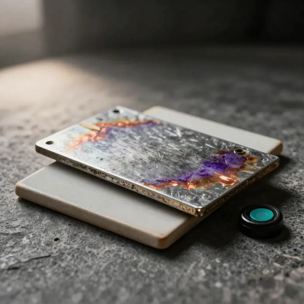 Macro of heat-discoloured metal plates, ceramic tiles, and a thermal sensor puck on brushed stone.