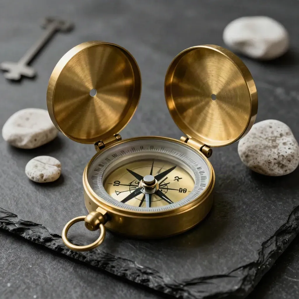 Brass boundary compass, translucent templates, and stone weights on brushed metal