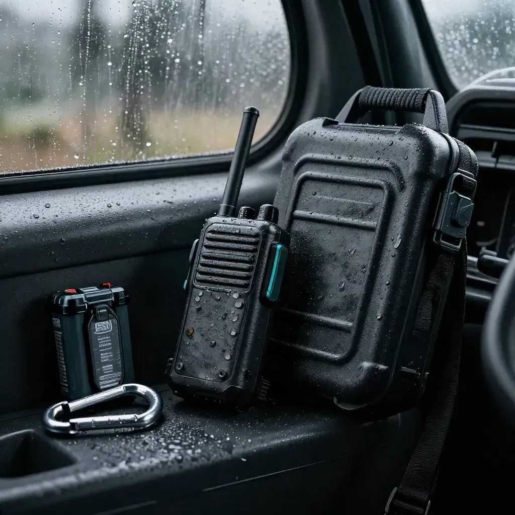Rain-speckled ops gear in a vehicle bay: radio, battery, beacon puck, case and carabiner.