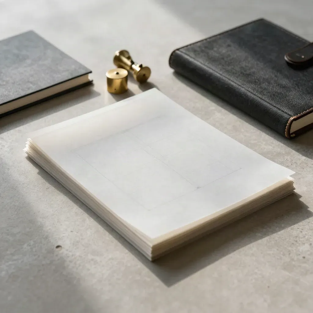 Tracing sheets, brass paperweights, notebook and binder on pale stone behind frosted glass.