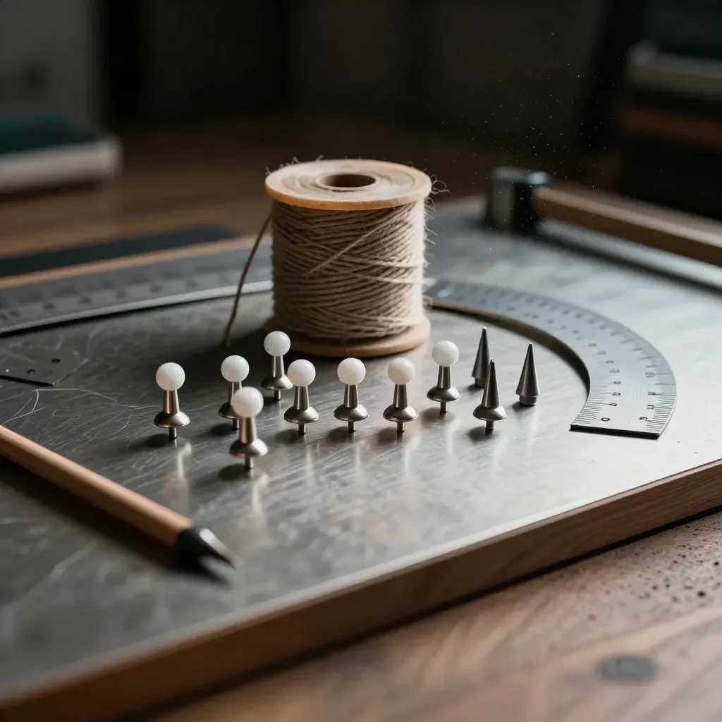 Drafting tools, map pins, and string spool on brushed metal, seen through blurred foreground bars.