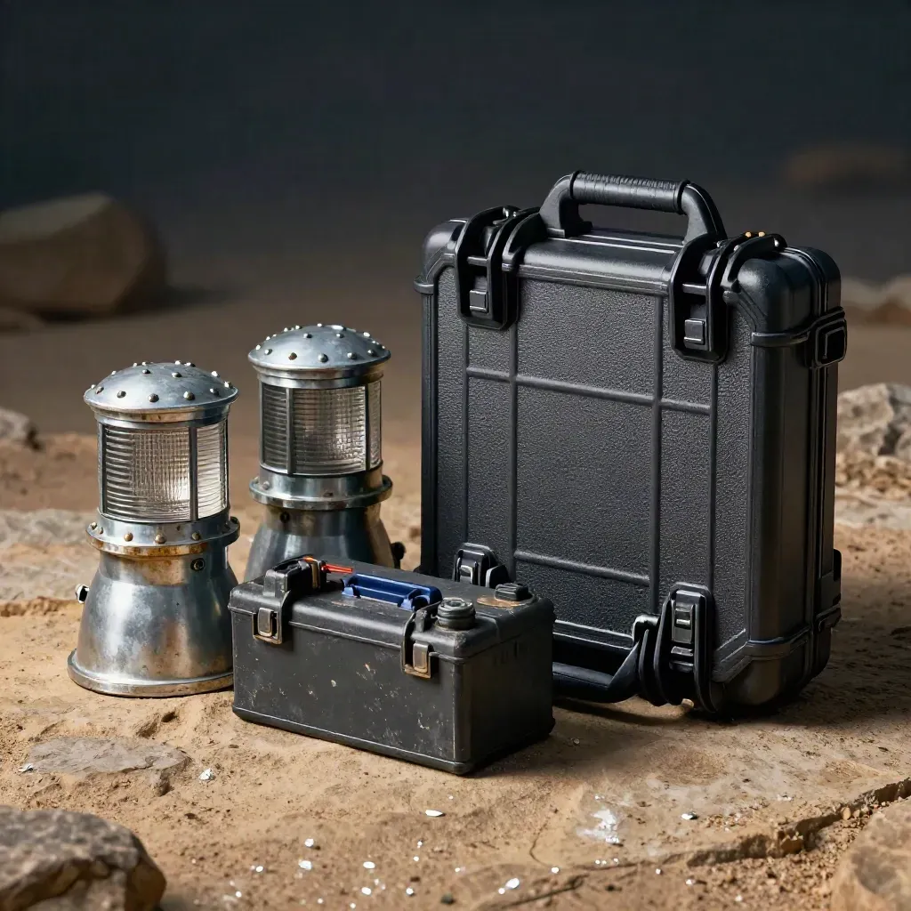Site beacons, battery brick, and field case on warm stone in dramatic low light.