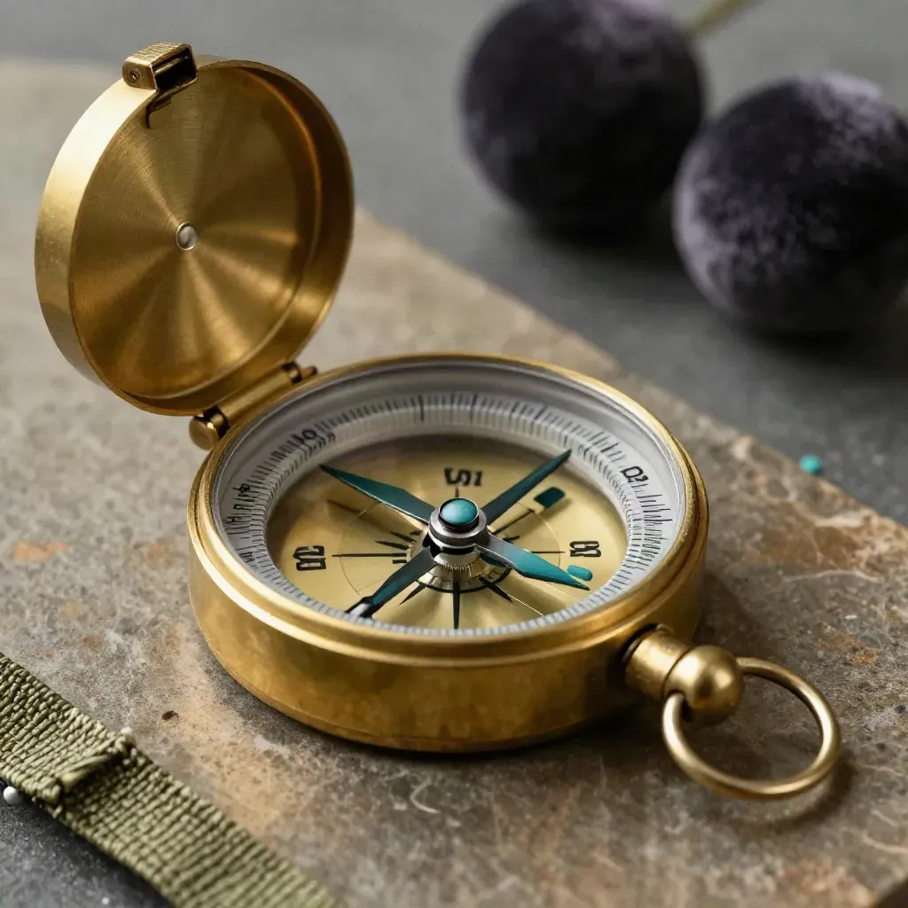 Macro still life of a brass survey compass, boundary pins and folded nylon line on bronze stone.