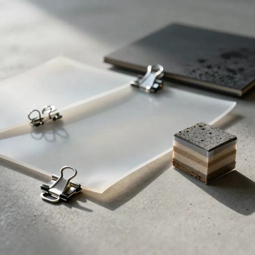 Overlay sheets, steel clips and a layered soil core on pale concrete in moody low light.