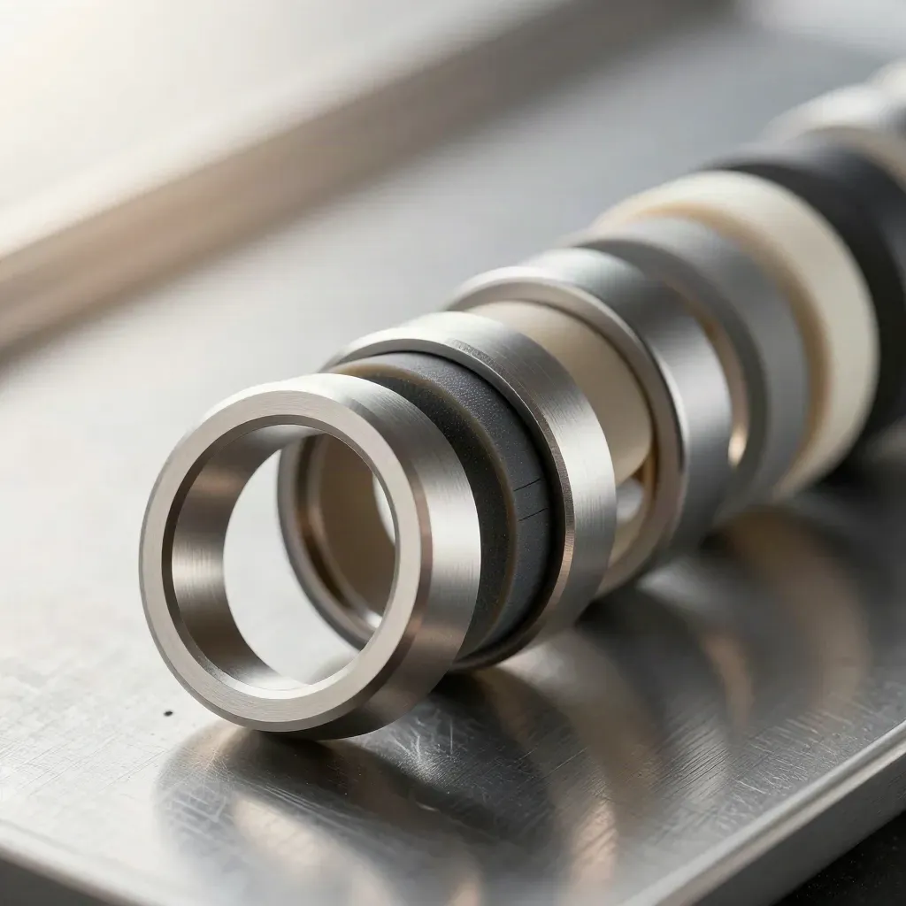 Macro still life of linked metal rings, coupler, and rubber blocks on brushed metal