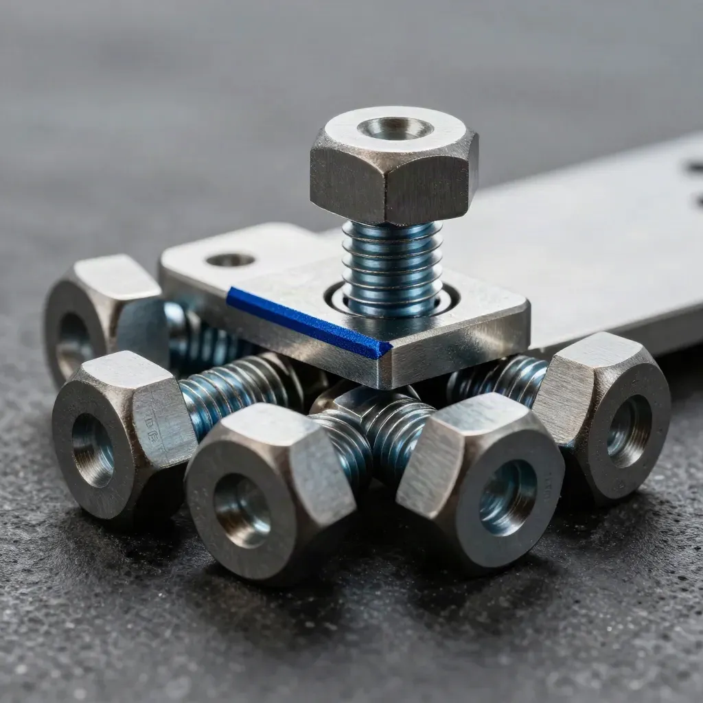 Machined connector parts and fasteners joined on dark stone with dramatic blue accent.