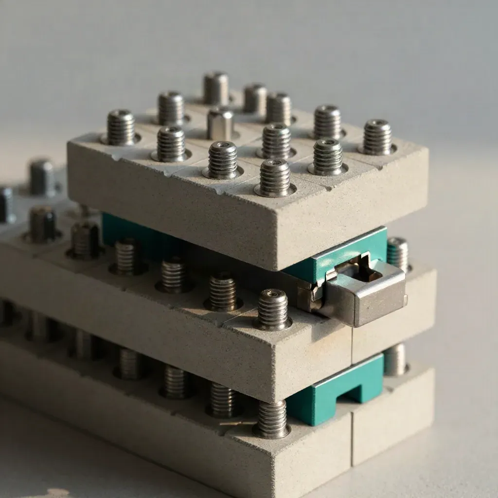 Top-down still life of modular blocks, alignment pins and a hinged connector on pale concrete.