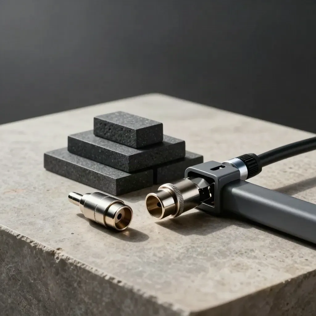 Connector shells, graphite blocks, and a bridging clamp on brushed stone with dramatic low light.