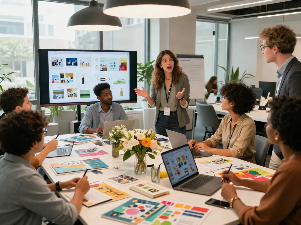 Event rental ksa planning scene with diverse team brainstorming ideas and captivating design materials in a modern office setting.