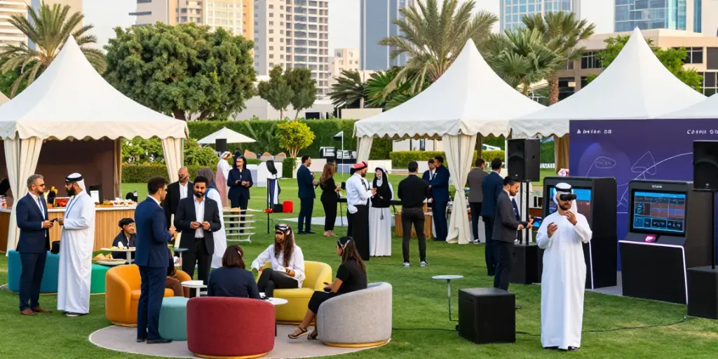 Event rental ksa vibrant outdoor corporate event with stylish tents and furniture in Riyadh
